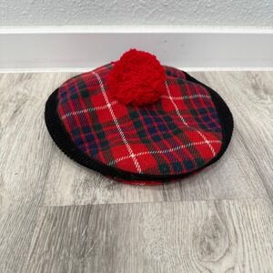Vintage Plaid Newsboy Cap Red Tartan Corduroy Brim Pom Pom Shellie of California